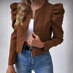 Women's Cardigan - Round Neck, Zip Closure and Puff Sleeves