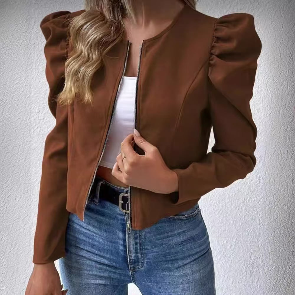 Women's Cardigan - Round Neck, Zip Closure and Puff Sleeves