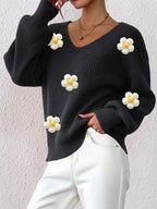 Floral 3D Patchwork V-Neck Sweater - Hand-Knitted and Cozy