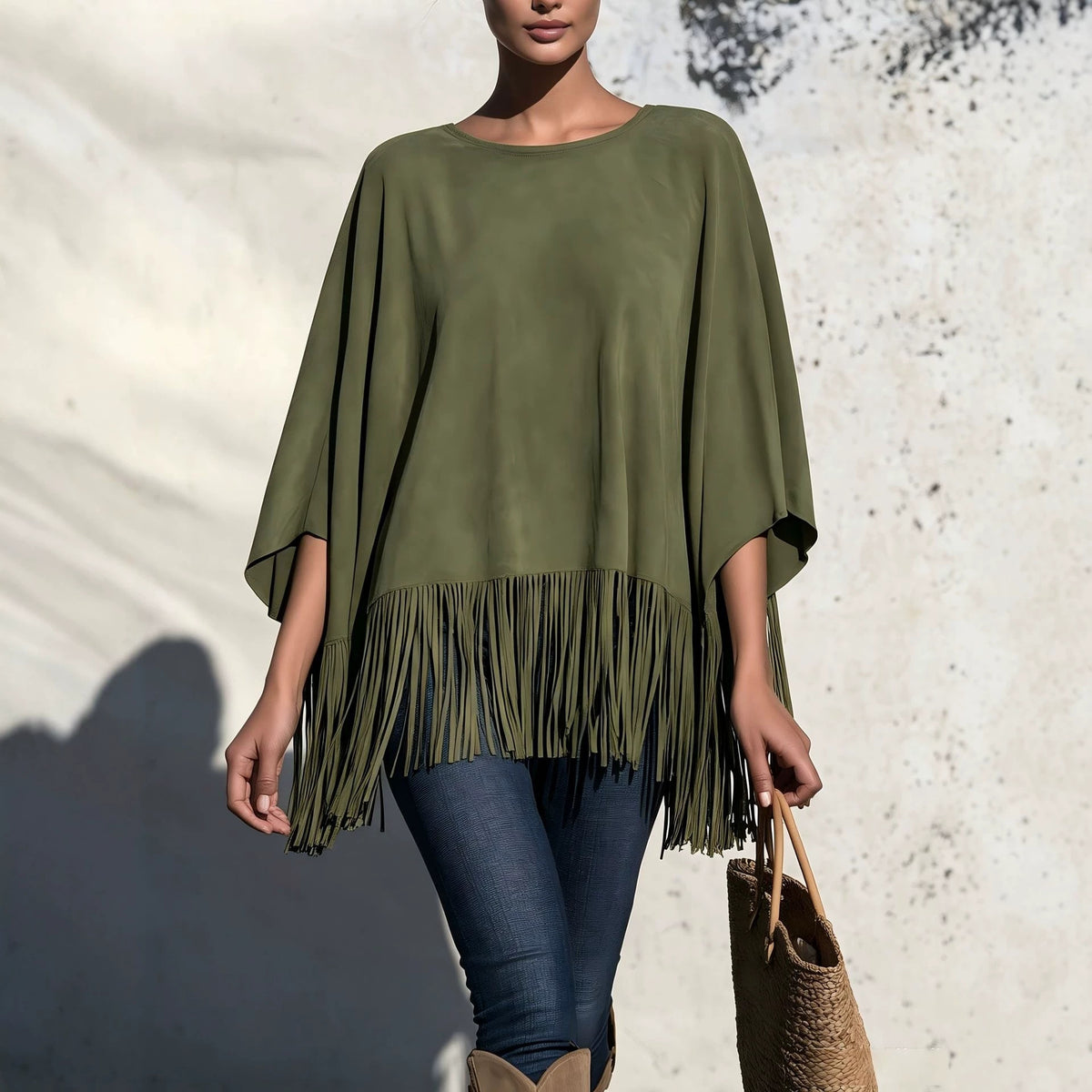 Women’s Loose Fringe Blouse – Relaxed Round Neck Top