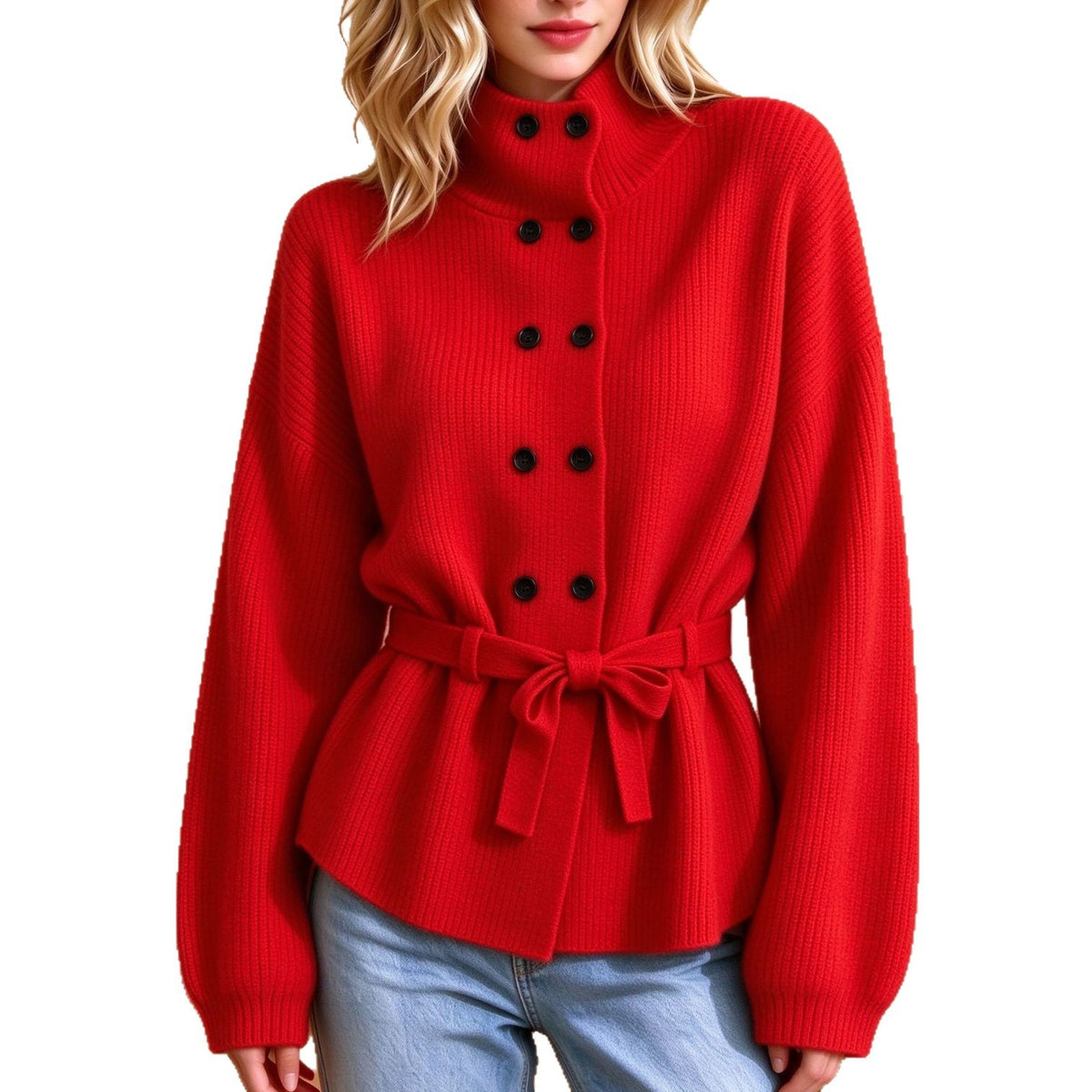 Women’s Double-Breasted Knit Coat – Elegant Long Sleeve Outerwear