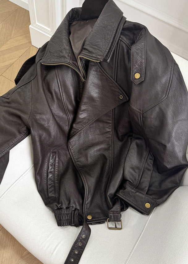 Belted Oversized Leather-Look Bomber