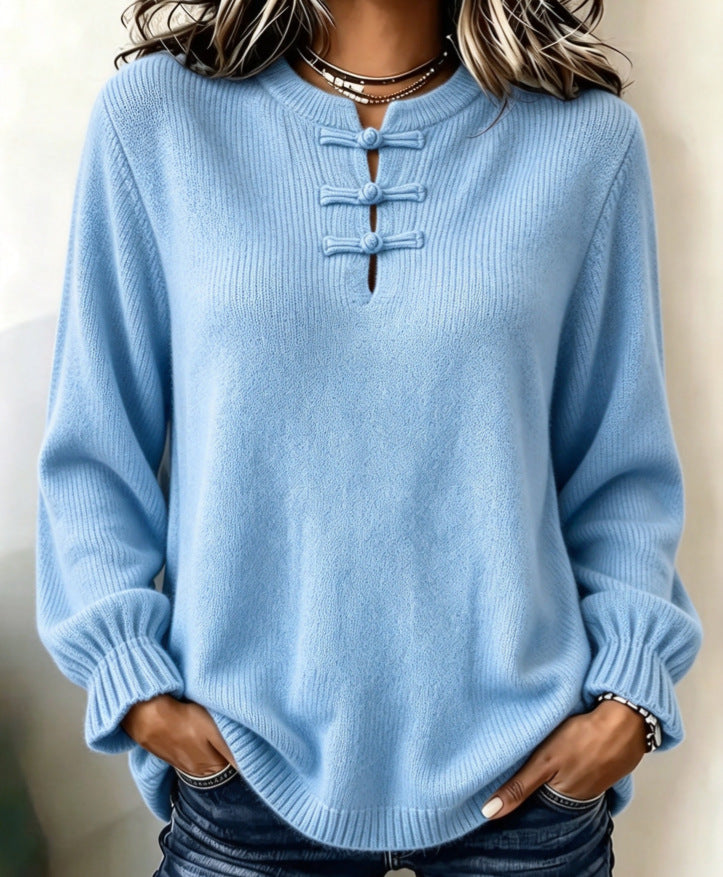 Women's Knitted Shirt - Stand Collar and Relaxed Fit