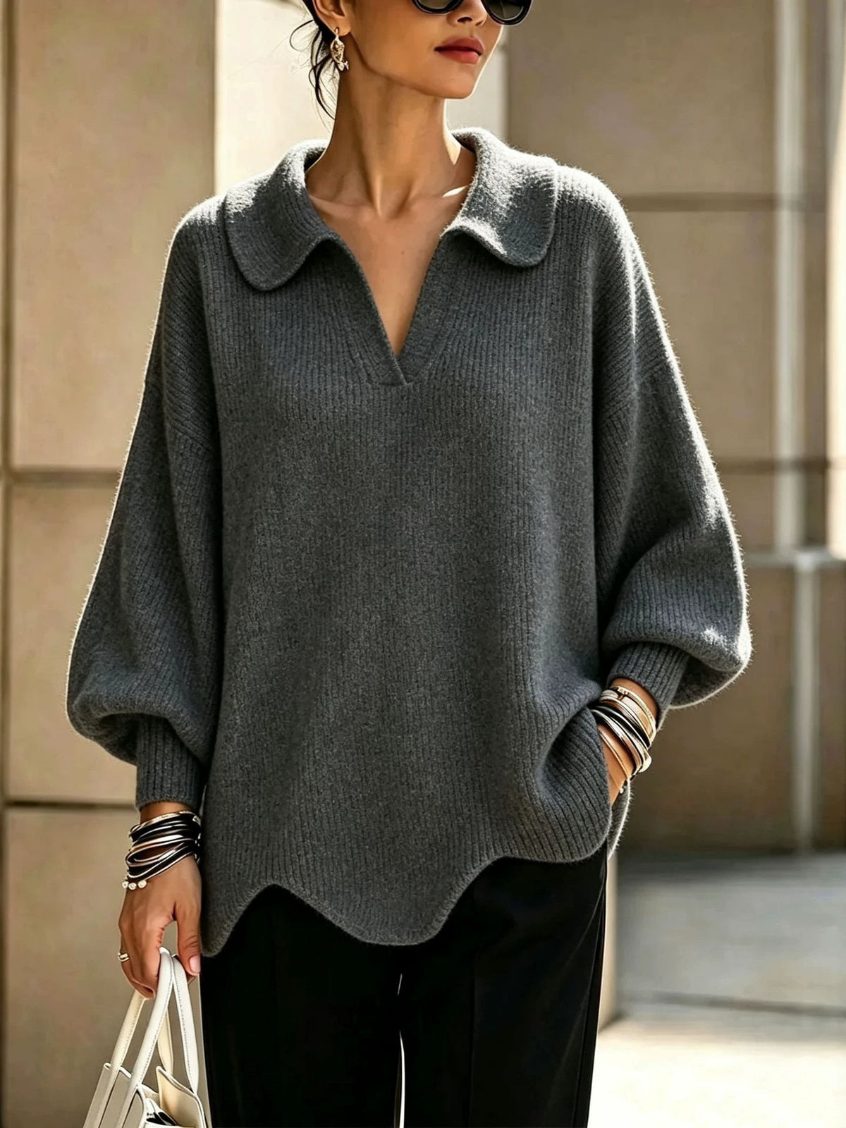 Women’s V-Neck Lantern Sleeve Sweater – Relaxed Feminine Knit
