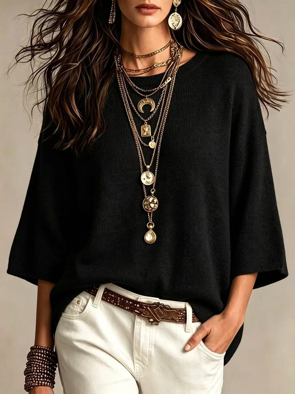 Women's Relaxed Sweater - Wide Sleeves and Crew Neck