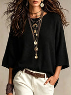 Women's Relaxed Sweater - Wide Sleeves and Crew Neck