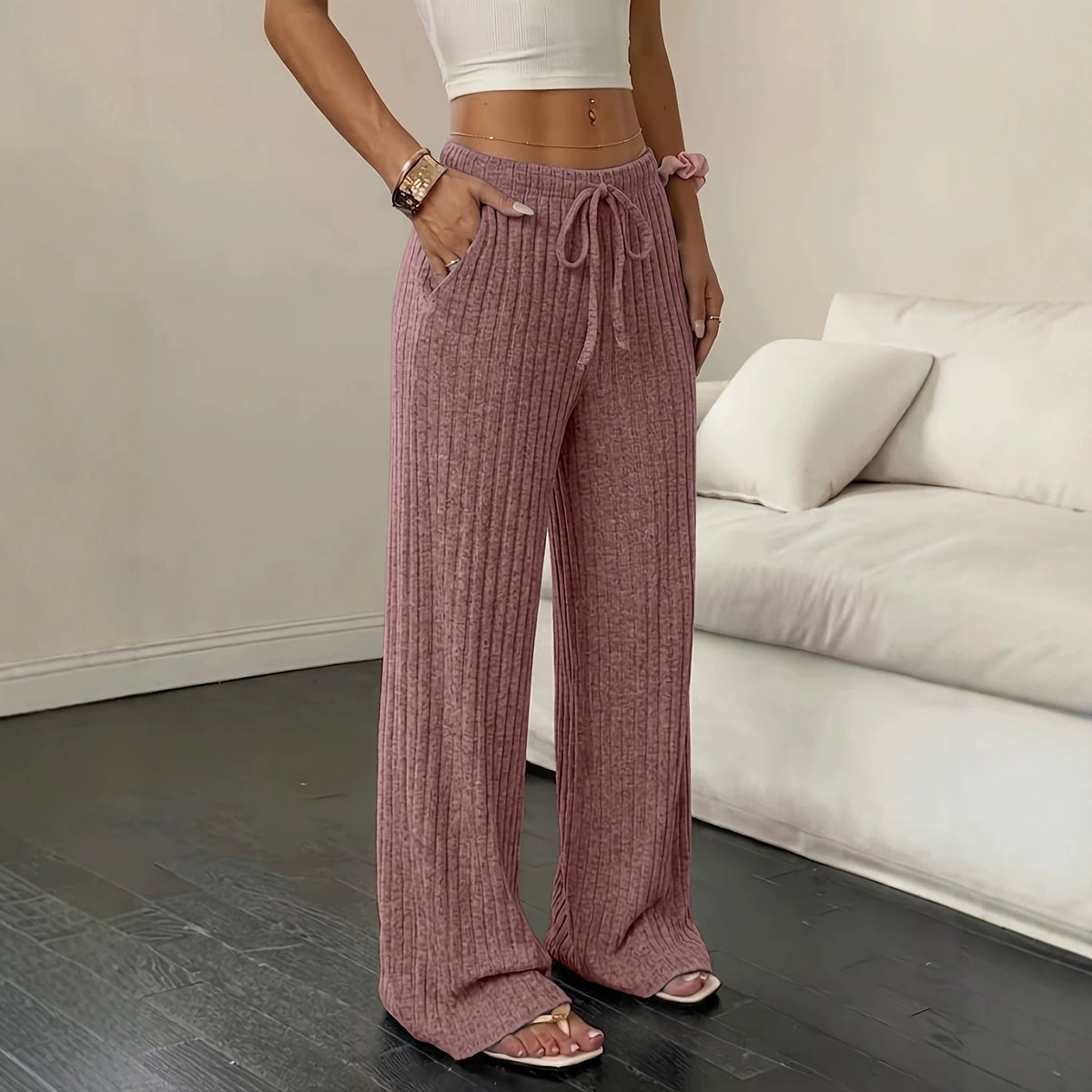 Women’s Wide-Leg Ribbed Knit Pants – Comfortable Casual Fit