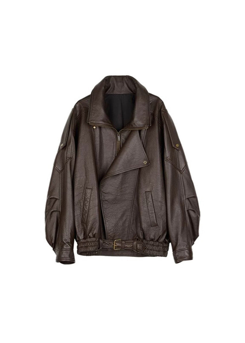 Belted Oversized Leather-Look Bomber