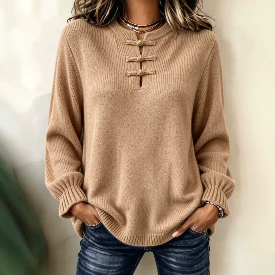 Women's Knitted Shirt - Stand Collar and Relaxed Fit
