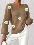 Floral 3D Patchwork V-Neck Sweater - Hand-Knitted and Cozy