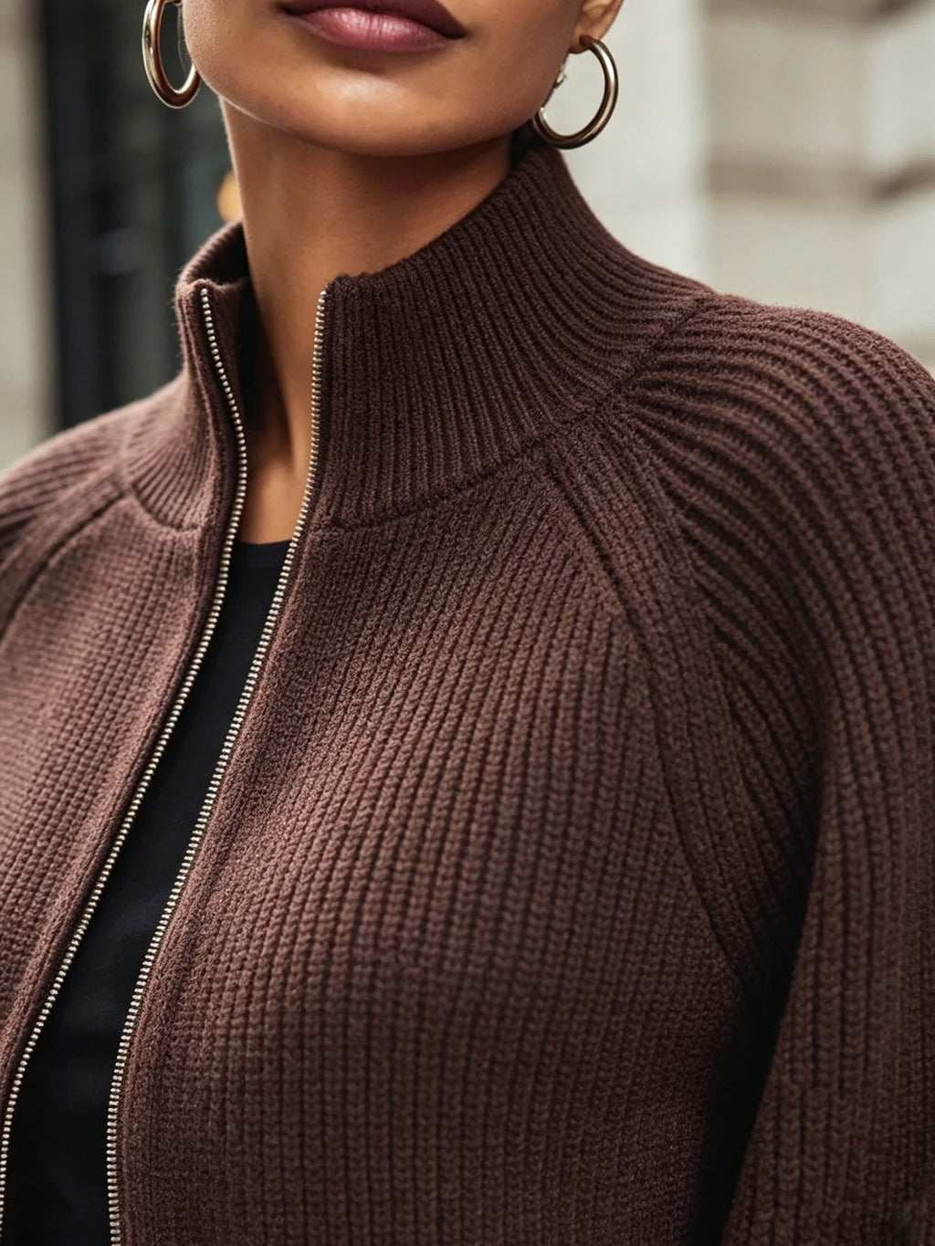 Women’s Zip-Up Puff-Sleeve Cardigan – Modern Cozy Layer