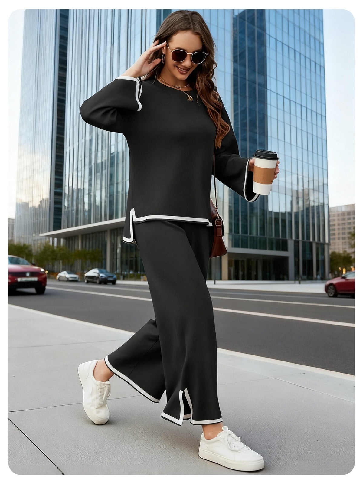 Slit Long-Sleeve Top and Wide-Leg Pants Set - Polished and Comfortable