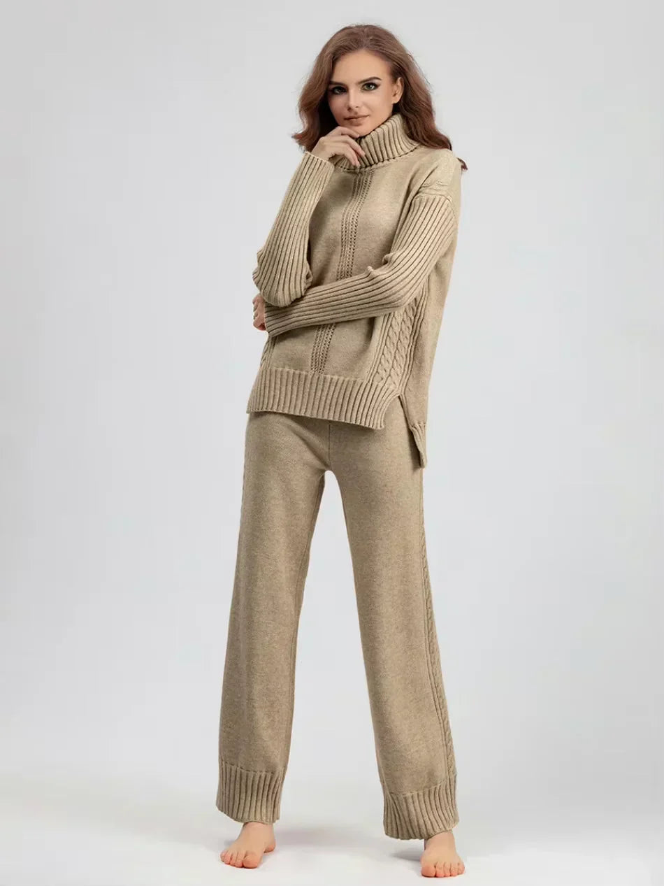 Women’s Turtleneck Sweater and Wide Leg Pants Set – Chic Comfortable Outfit