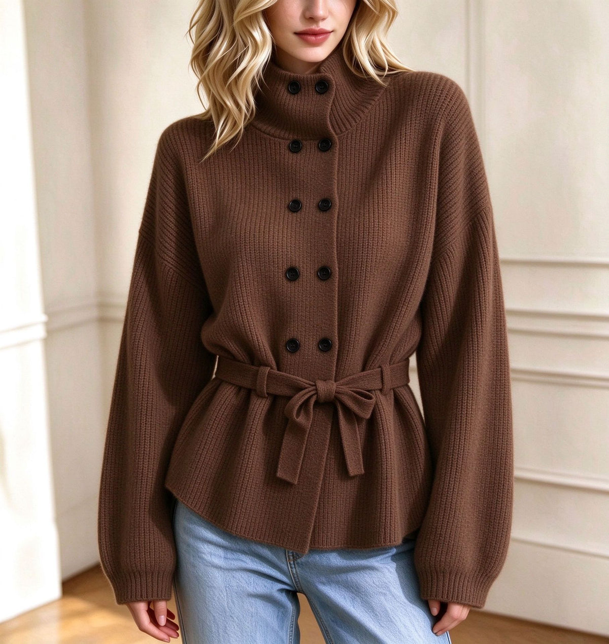 Women’s Double-Breasted Knit Coat – Elegant Long Sleeve Outerwear