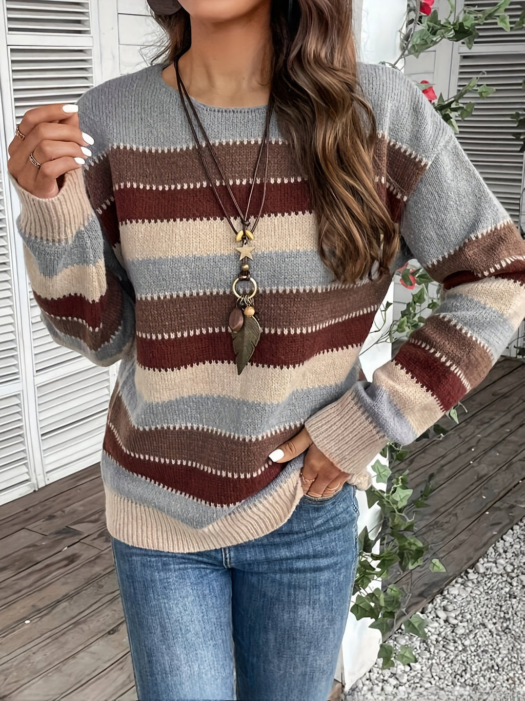Women’s Striped Round Neck Sweater – Soft Casual Knit