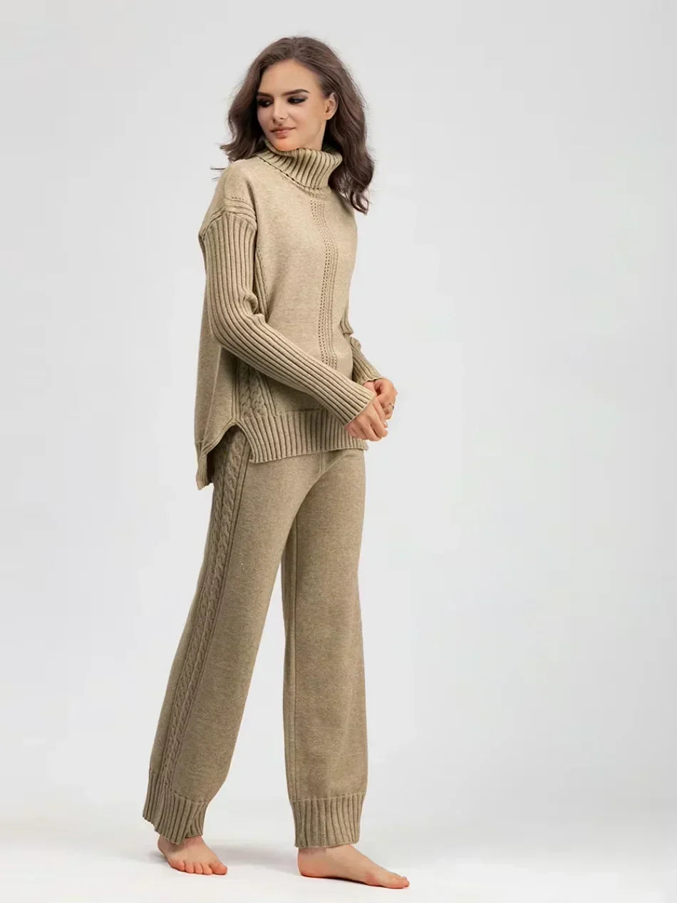 Women’s Turtleneck Sweater and Wide Leg Pants Set – Chic Comfortable Outfit
