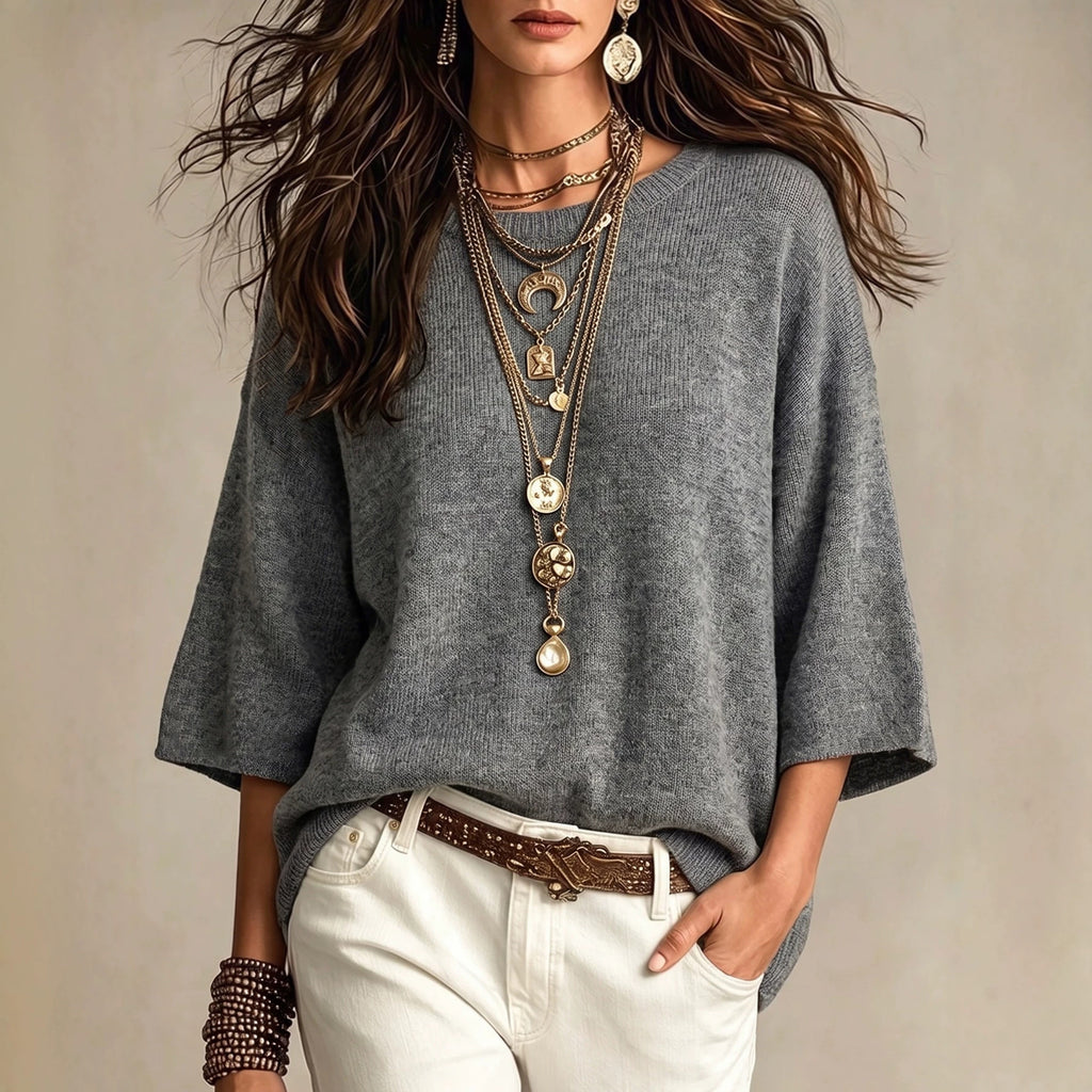 Women's Relaxed Sweater - Wide Sleeves and Crew Neck