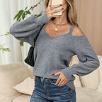 Women’s Off-Shoulder Knit Top – Elegant Long Sleeve Sweater