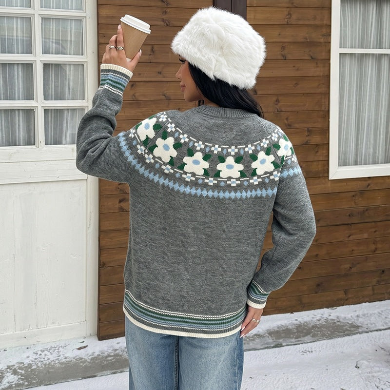 Retro Floral Pullover Sweater - Soft and Feminine