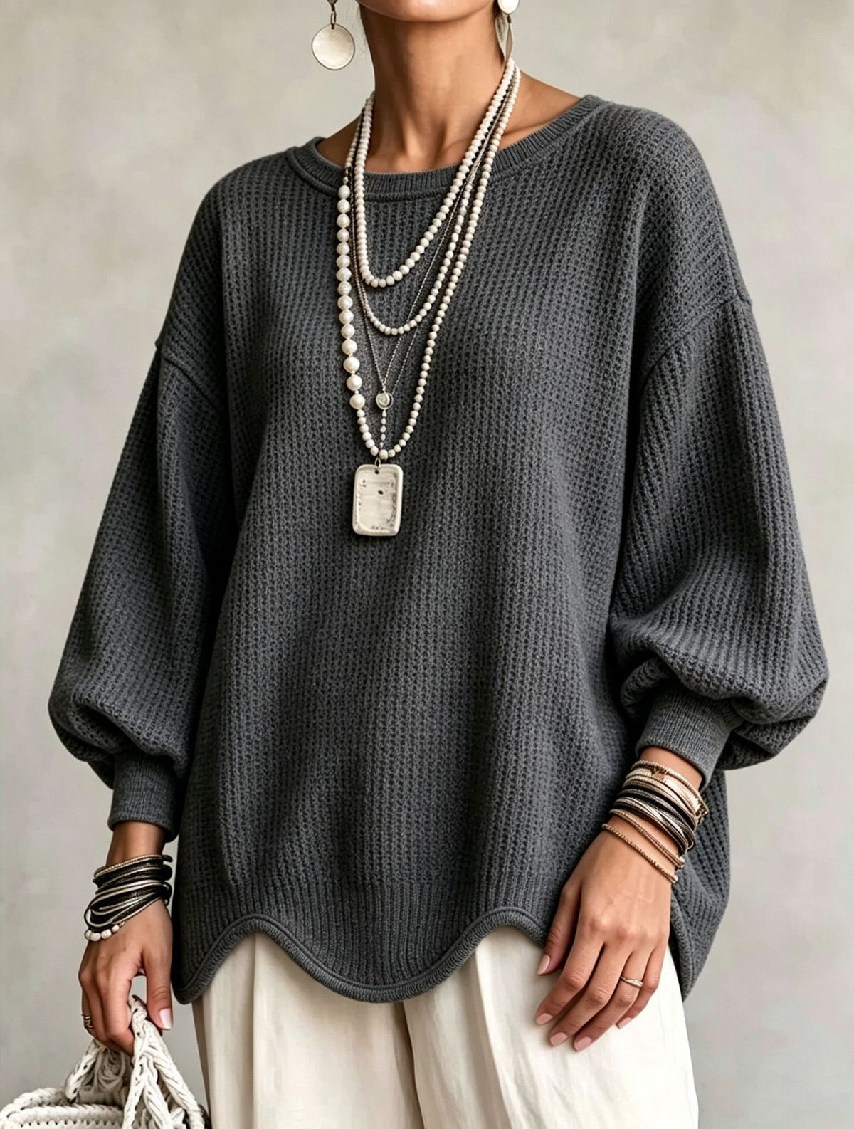 Women's Top - Round Neck, Lantern Sleeves and Wavy Hem