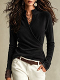 Women's Velvet Top - Wrap V-Neck and Long Sleeves