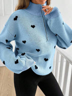 Women’s Heart-Pattern Zip Sweater - Soft and Warm