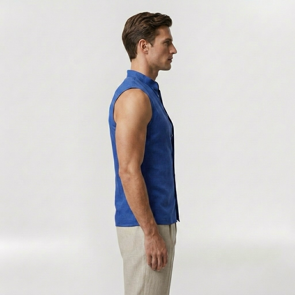 Tailored Sleeveless Mandarin Collar Resort Shirt with Structured Stand Collar