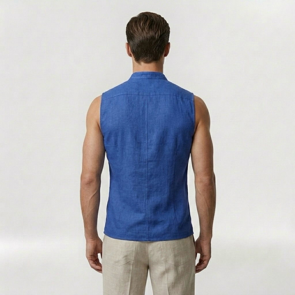 Tailored Sleeveless Mandarin Collar Resort Shirt with Structured Stand Collar