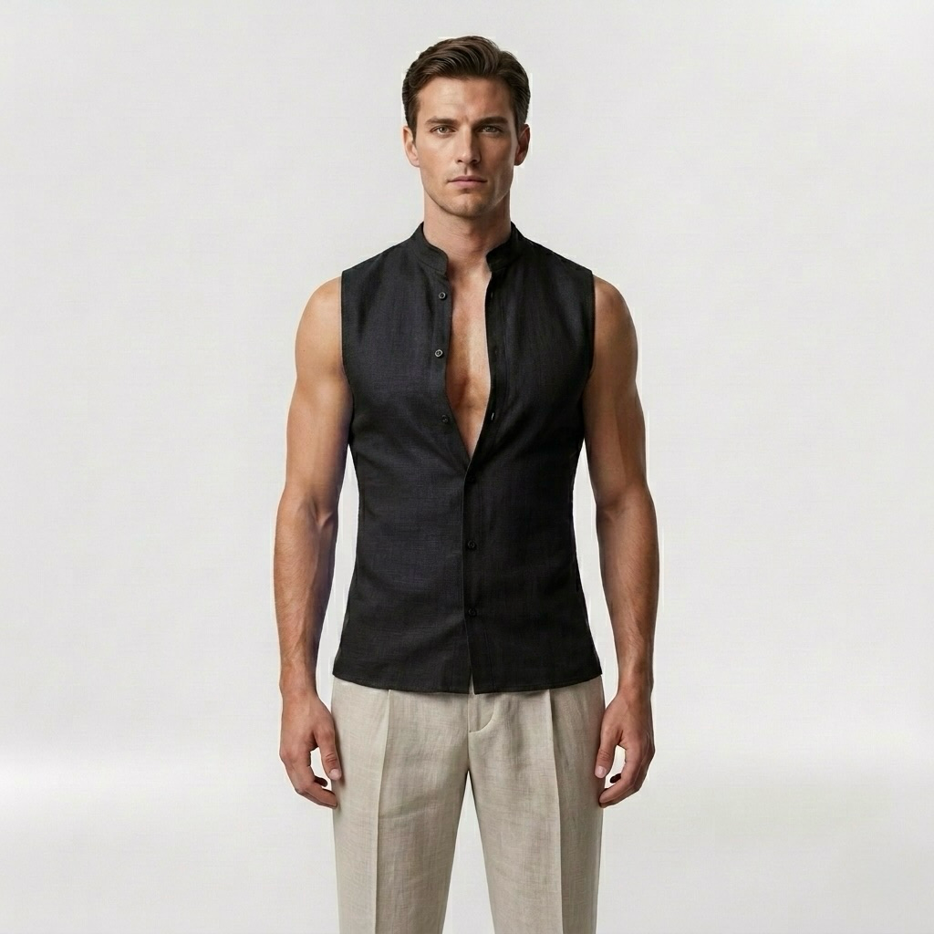Tailored Sleeveless Mandarin Collar Resort Shirt with Structured Stand Collar