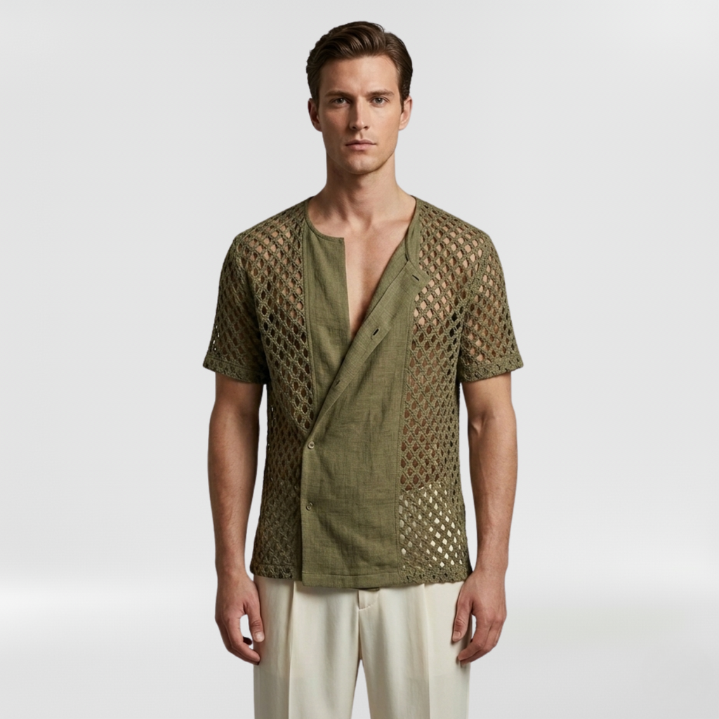 Open-Weave Lattice Knit Resort Shirt with Breathable Texture