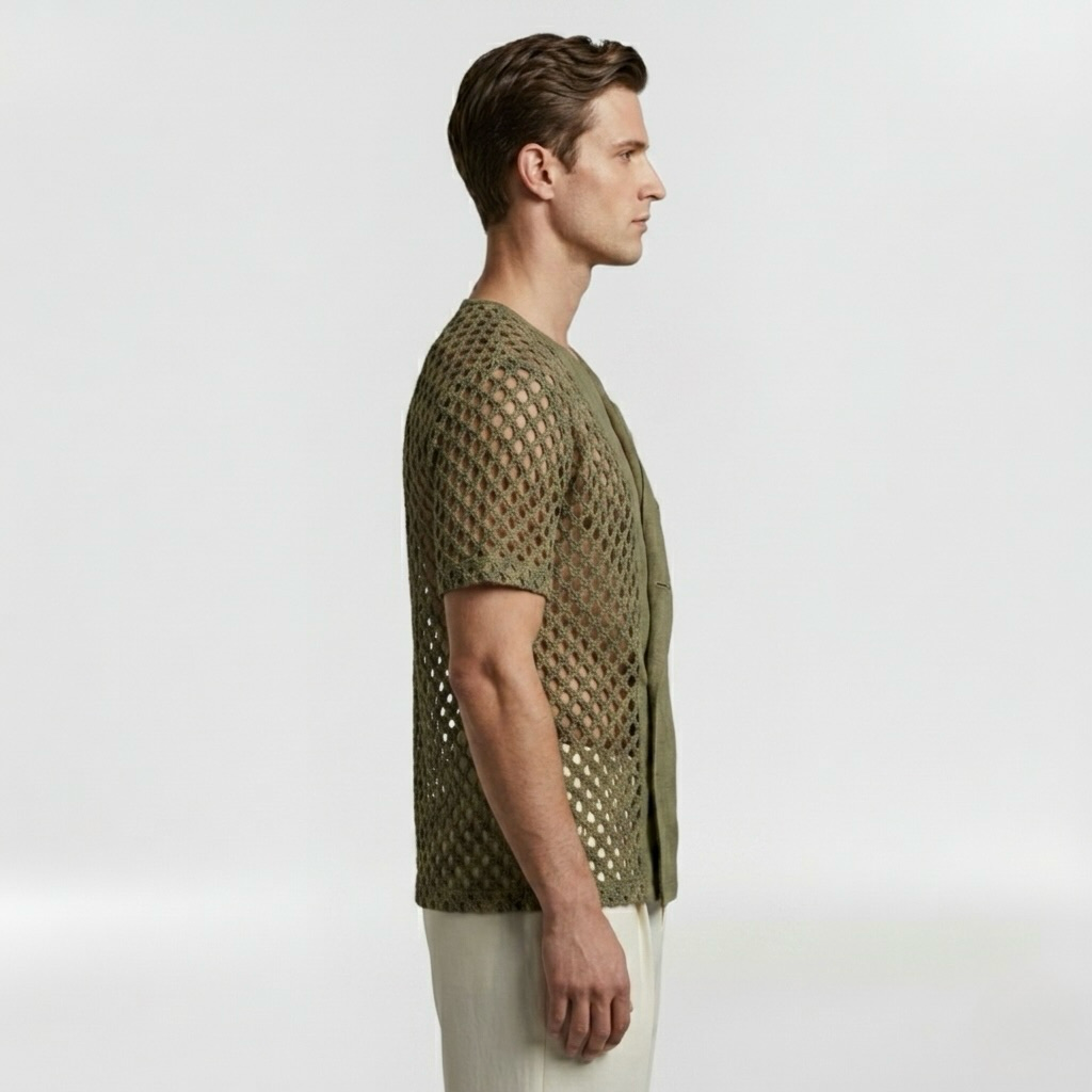 Open-Weave Lattice Knit Resort Shirt with Breathable Texture