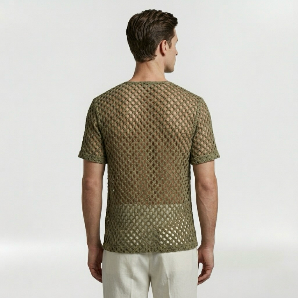 Open-Weave Lattice Knit Resort Shirt with Breathable Texture