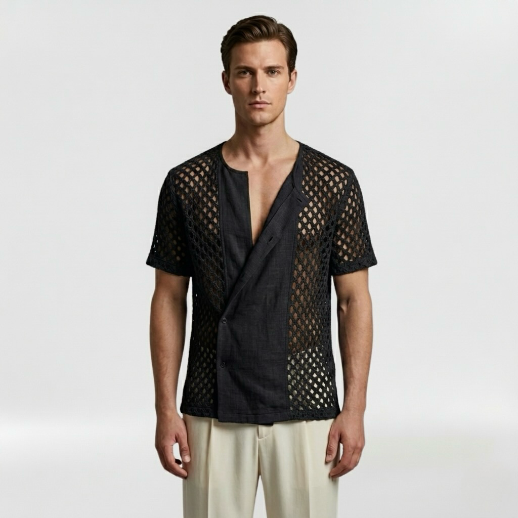 Open-Weave Lattice Knit Resort Shirt with Breathable Texture
