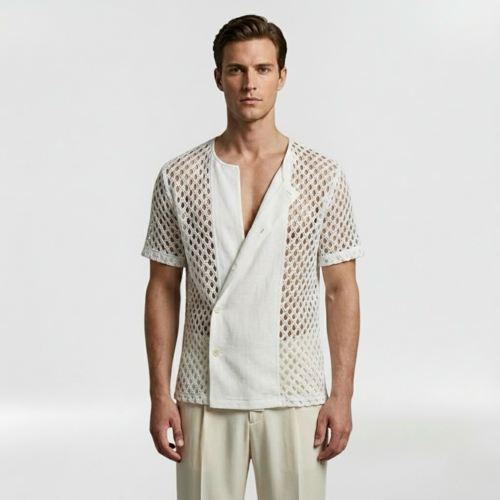 Open-Weave Lattice Knit Resort Shirt with Breathable Texture