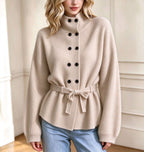 Women’s Double-Breasted Knit Coat – Elegant Long Sleeve Outerwear