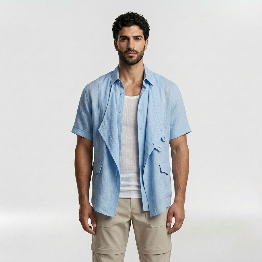 Deconstructed Utility Resort Shirt with Asymmetrical Panel Construction