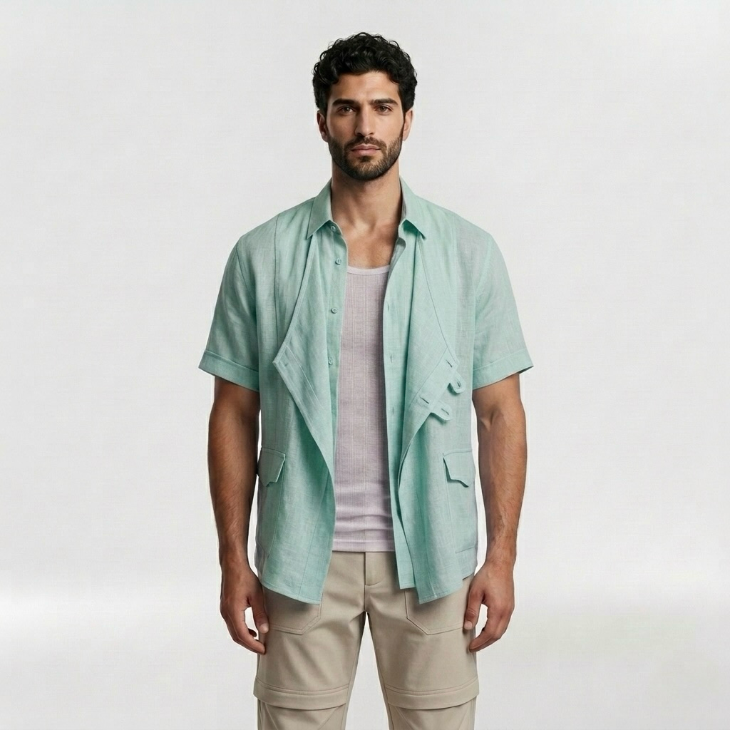 Deconstructed Utility Resort Shirt with Asymmetrical Panel Construction