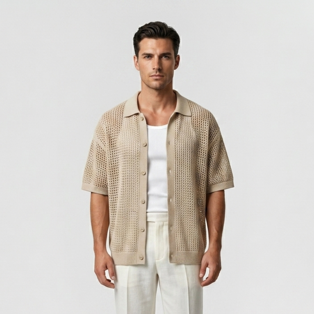 Open-Knit Mesh Resort Cardigan Shirt with Relaxed Drape