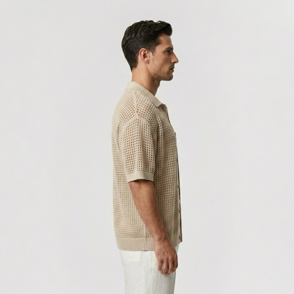 Open-Knit Mesh Resort Cardigan Shirt with Relaxed Drape