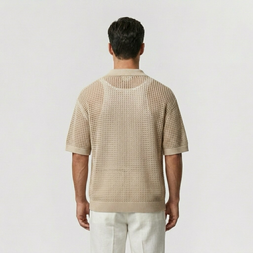 Open-Knit Mesh Resort Cardigan Shirt with Relaxed Drape