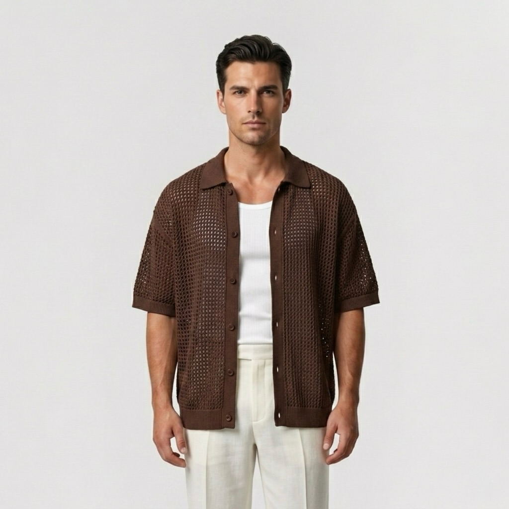 Open-Knit Mesh Resort Cardigan Shirt with Relaxed Drape