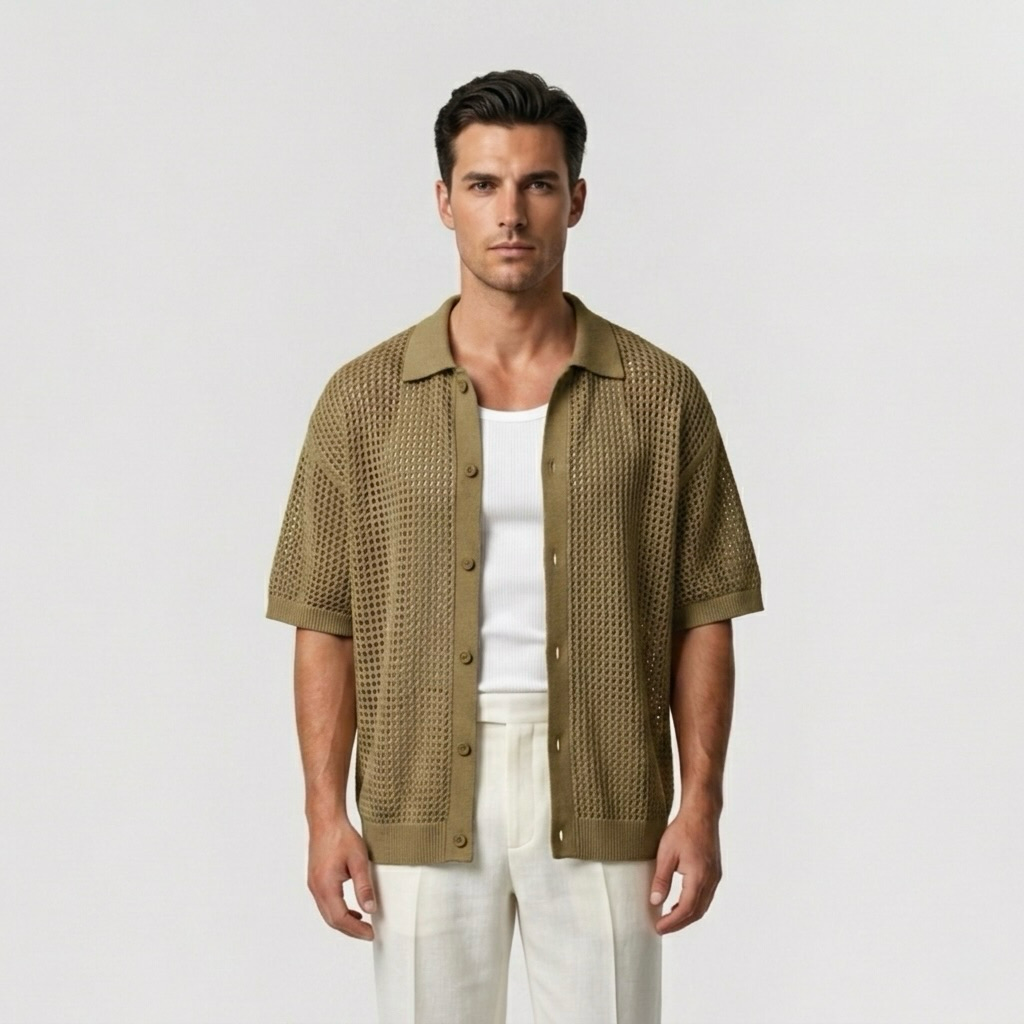 Open-Knit Mesh Resort Cardigan Shirt with Relaxed Drape