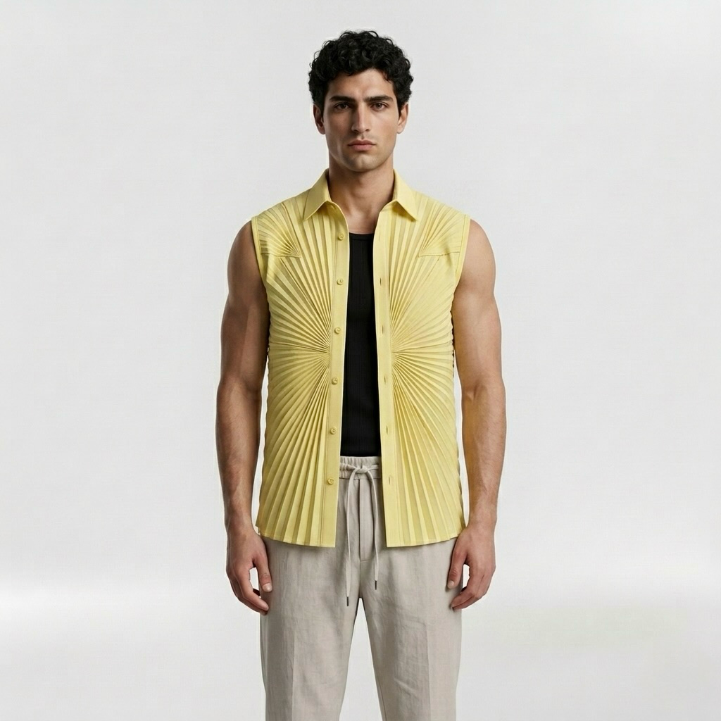 Sunburst Pleated Sleeveless Statement Shirt with Radiating Architectural Pleats