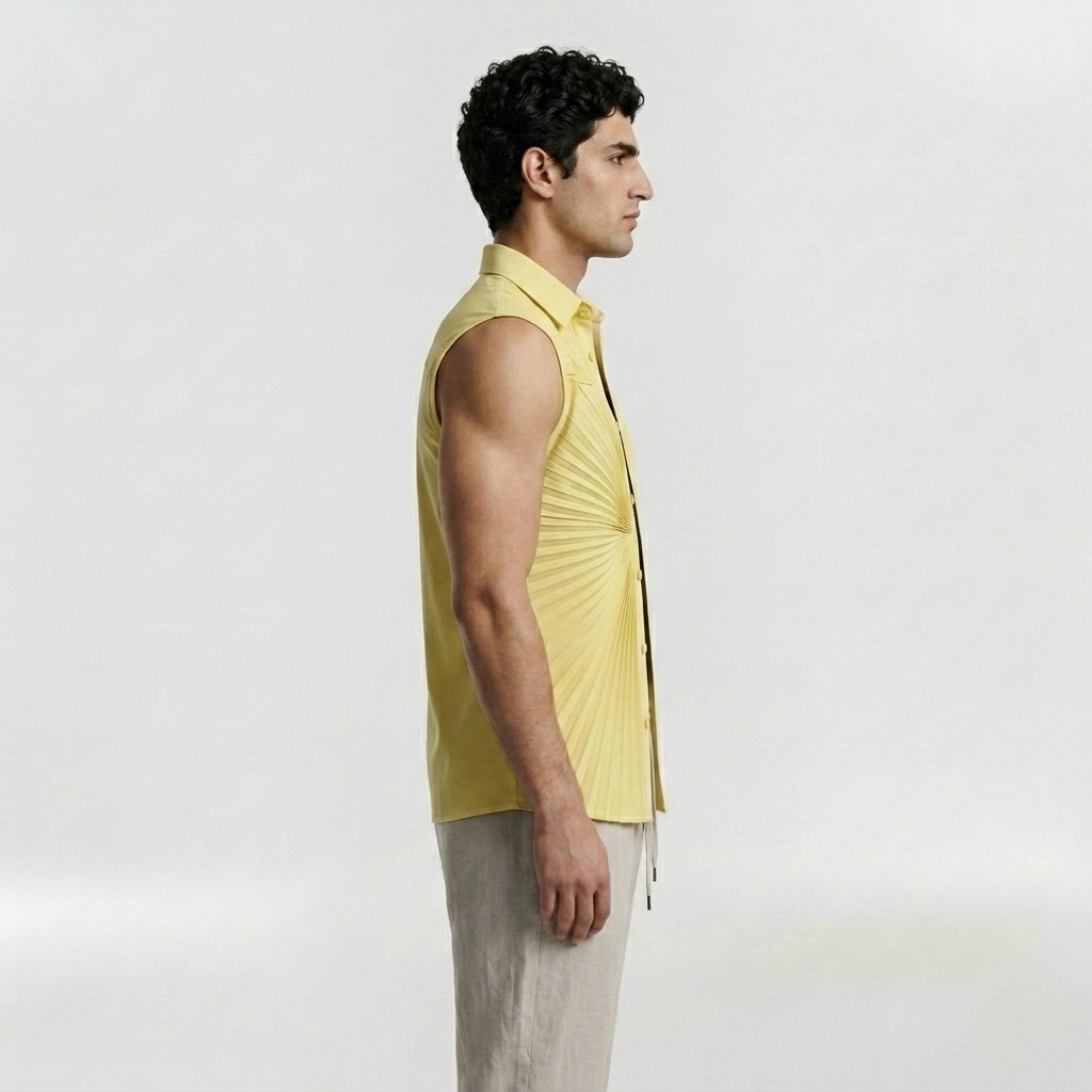Sunburst Pleated Sleeveless Statement Shirt with Radiating Architectural Pleats