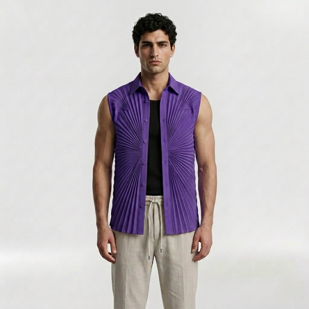 Sunburst Pleated Sleeveless Statement Shirt with Radiating Architectural Pleats