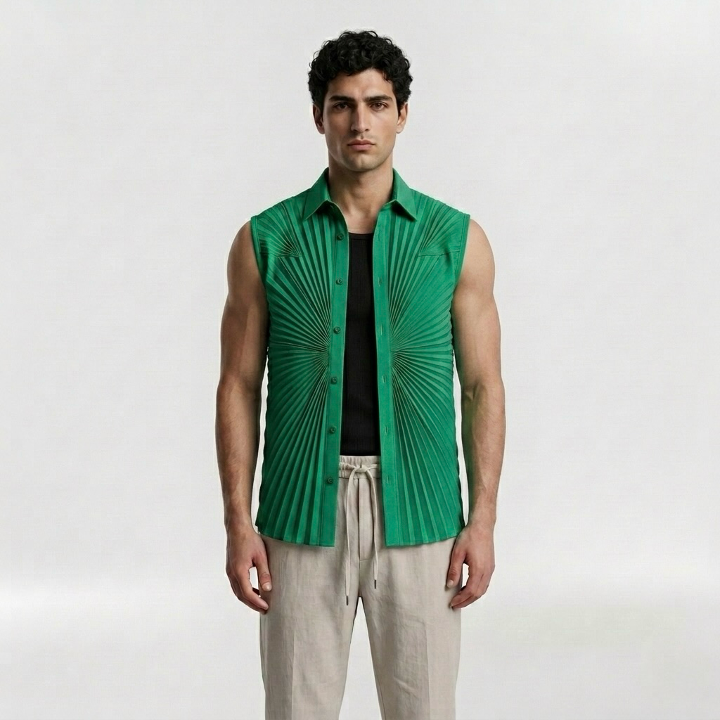 Sunburst Pleated Sleeveless Statement Shirt with Radiating Architectural Pleats