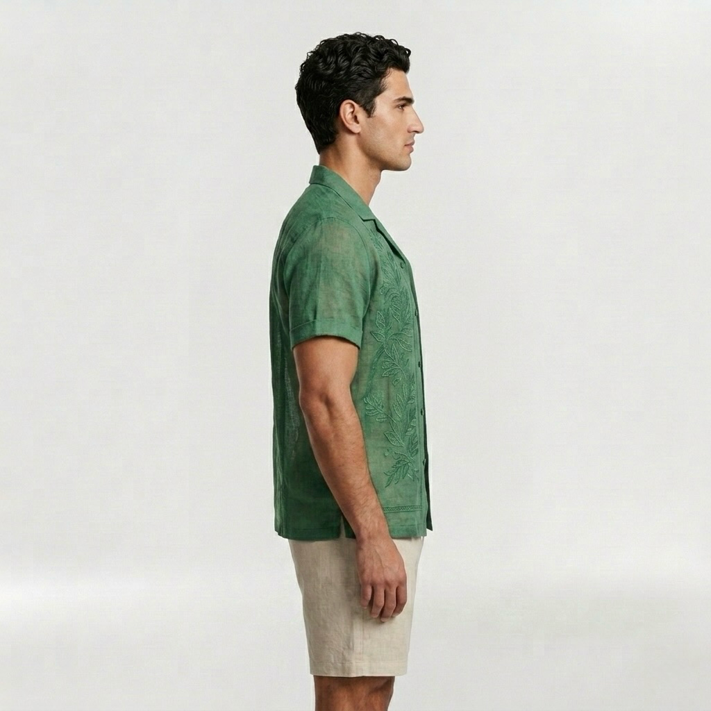 Botanical Embroidered Resort Camp Shirt with Tropical Detailing