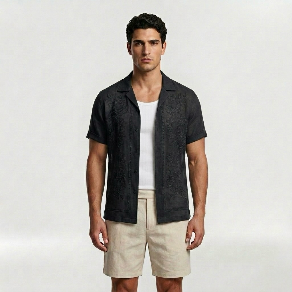 Botanical Embroidered Resort Camp Shirt with Tropical Detailing