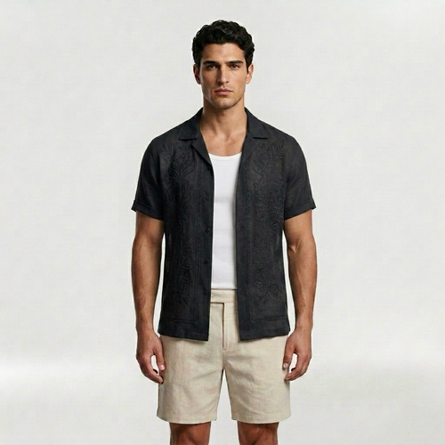 Botanical Embroidered Resort Camp Shirt with Tropical Detailing