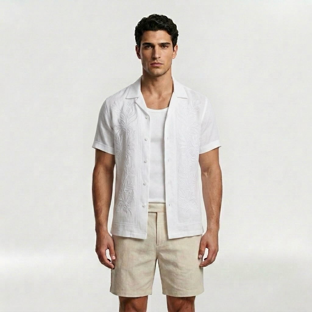 Botanical Embroidered Resort Camp Shirt with Tropical Detailing